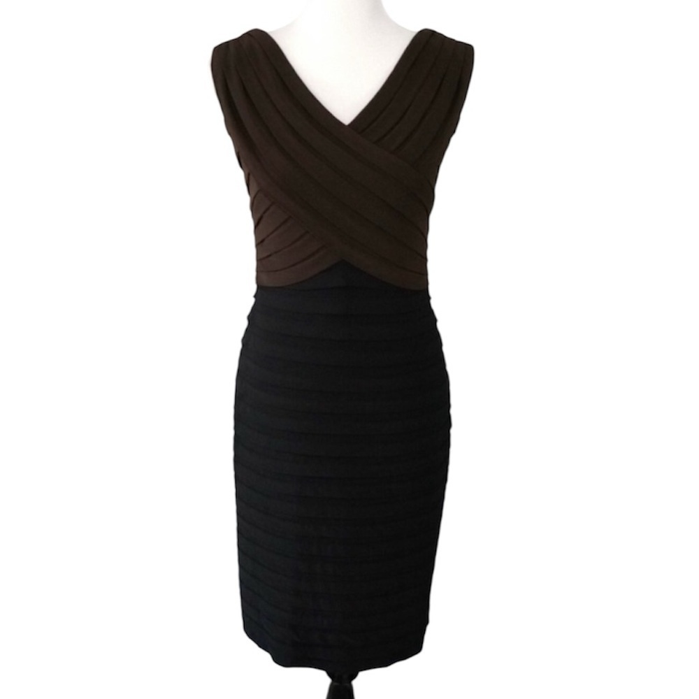 🔥 ADRIANNE PAPELL brown black tiered stretch Dress Size 8